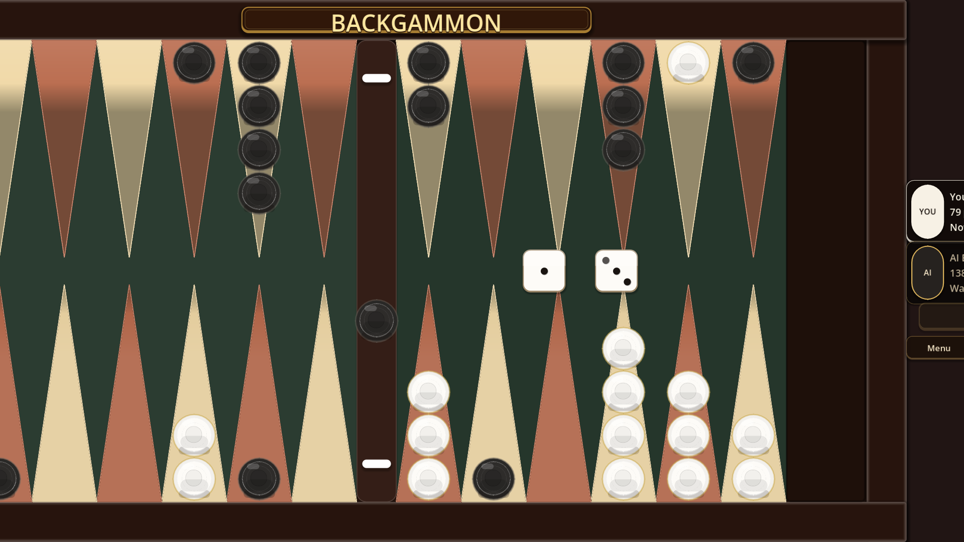 MeshGames Backgammon landscape gameplay — full board with cream and espresso checkers on felt-green points