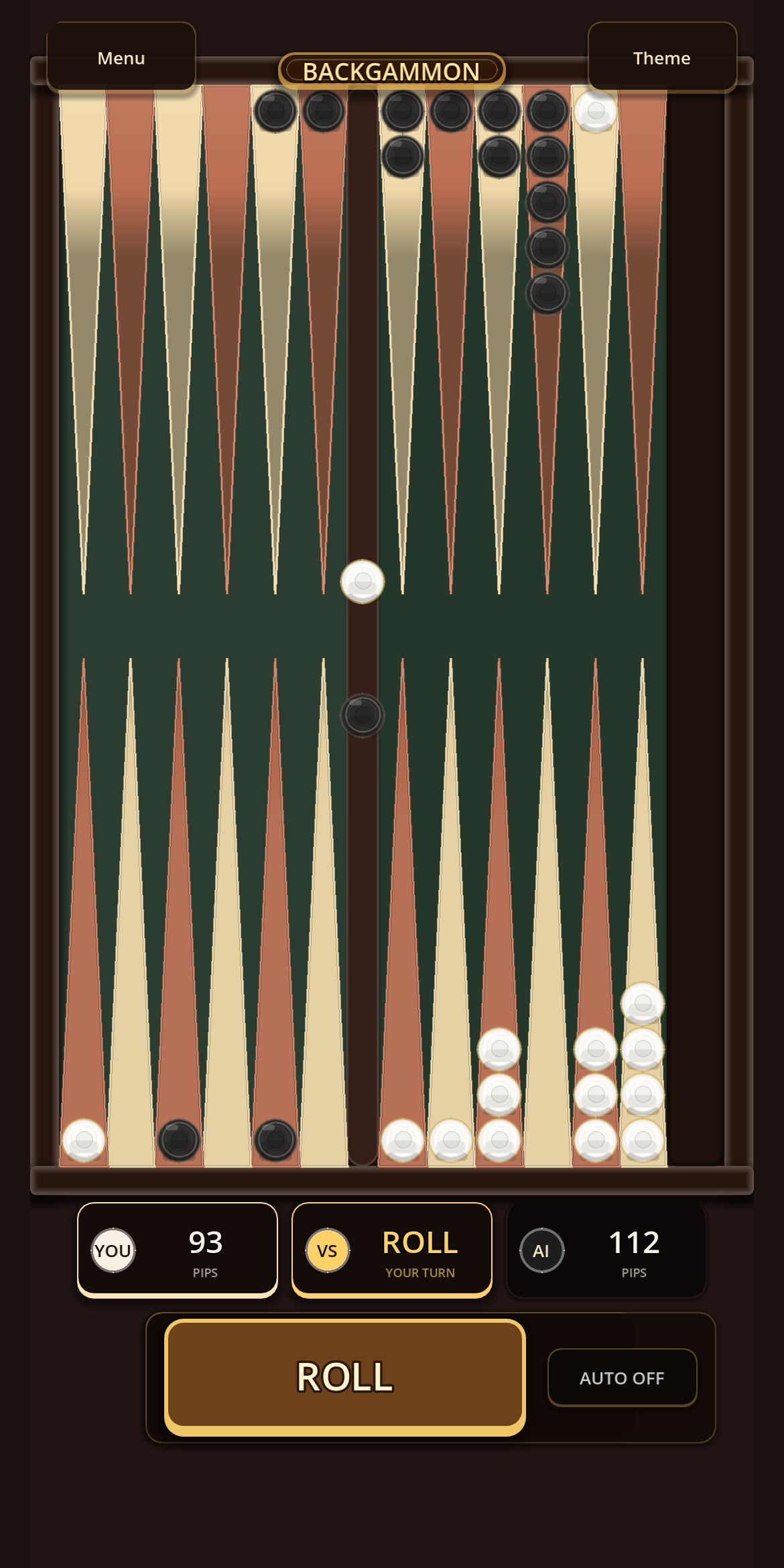 MeshGames Backgammon portrait gameplay — your turn to roll, with the gold ROLL button