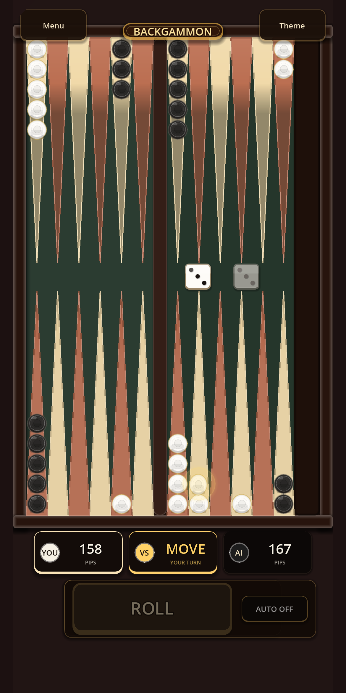 MeshGames Backgammon portrait gameplay — mid-game board with dice rolled and pip counts