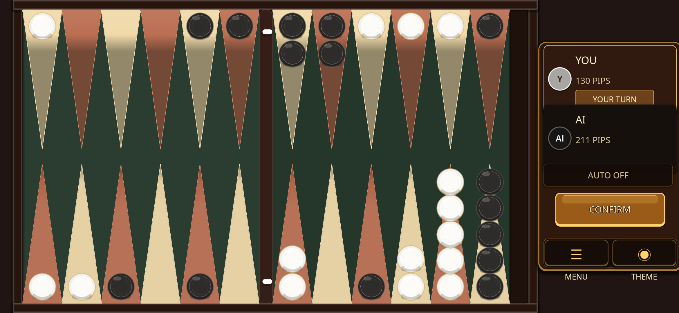 MeshGames Backgammon v35 full landscape board captured on a Redmi Note 8 Pro