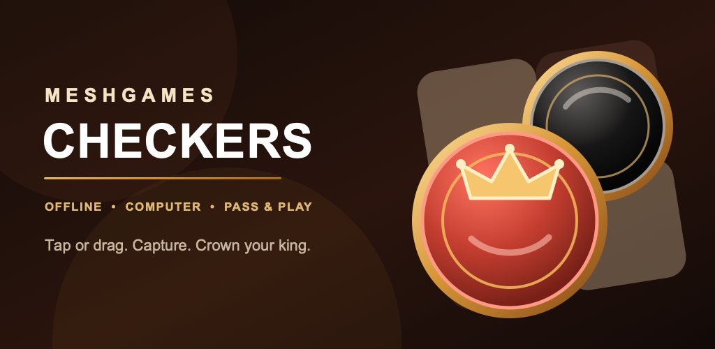 MeshGames Checkers feature artwork with red and black crowned pieces