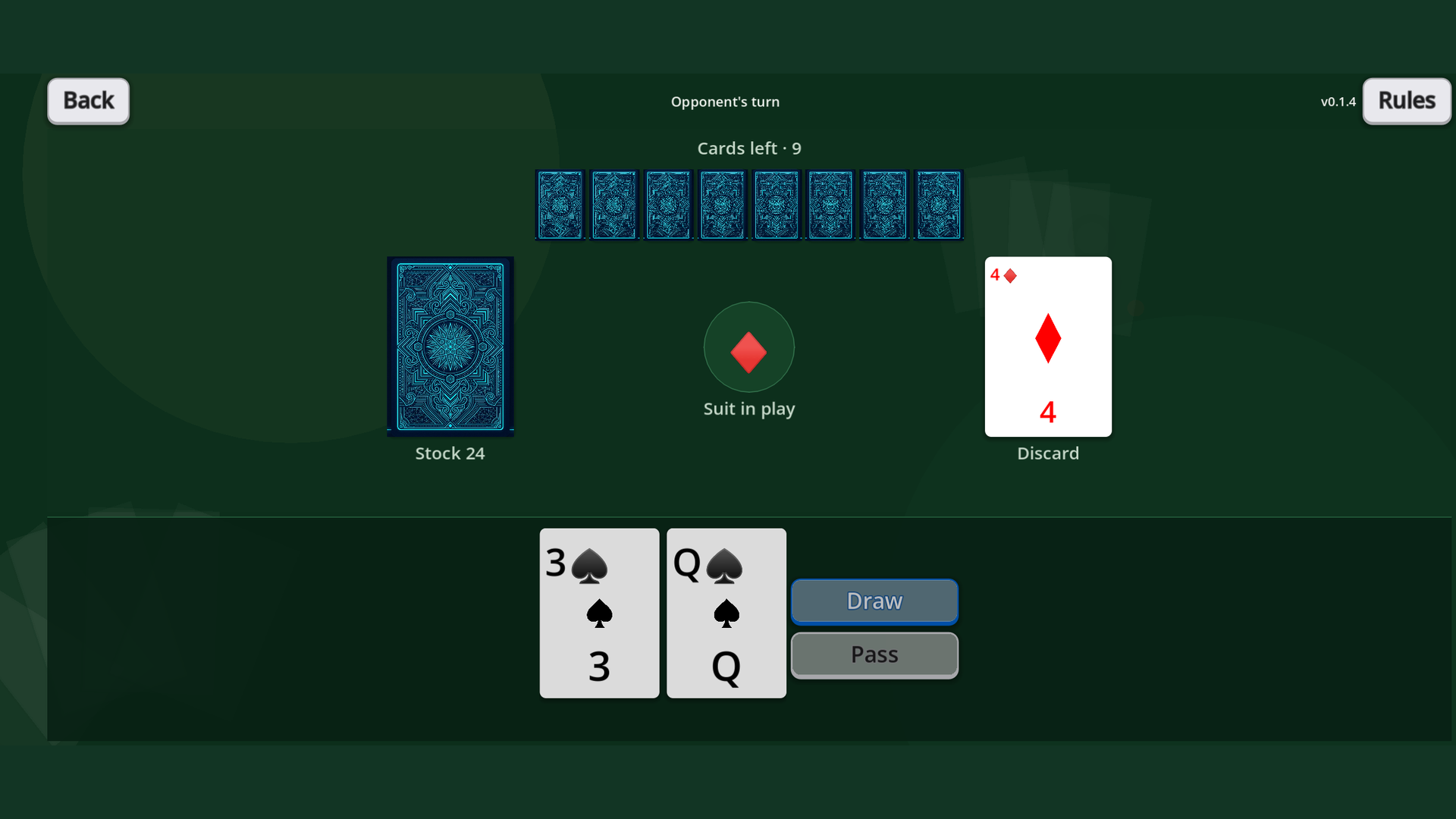 Landscape MeshGames Crazy Eights hand showing the active suit, player cards, and draw controls