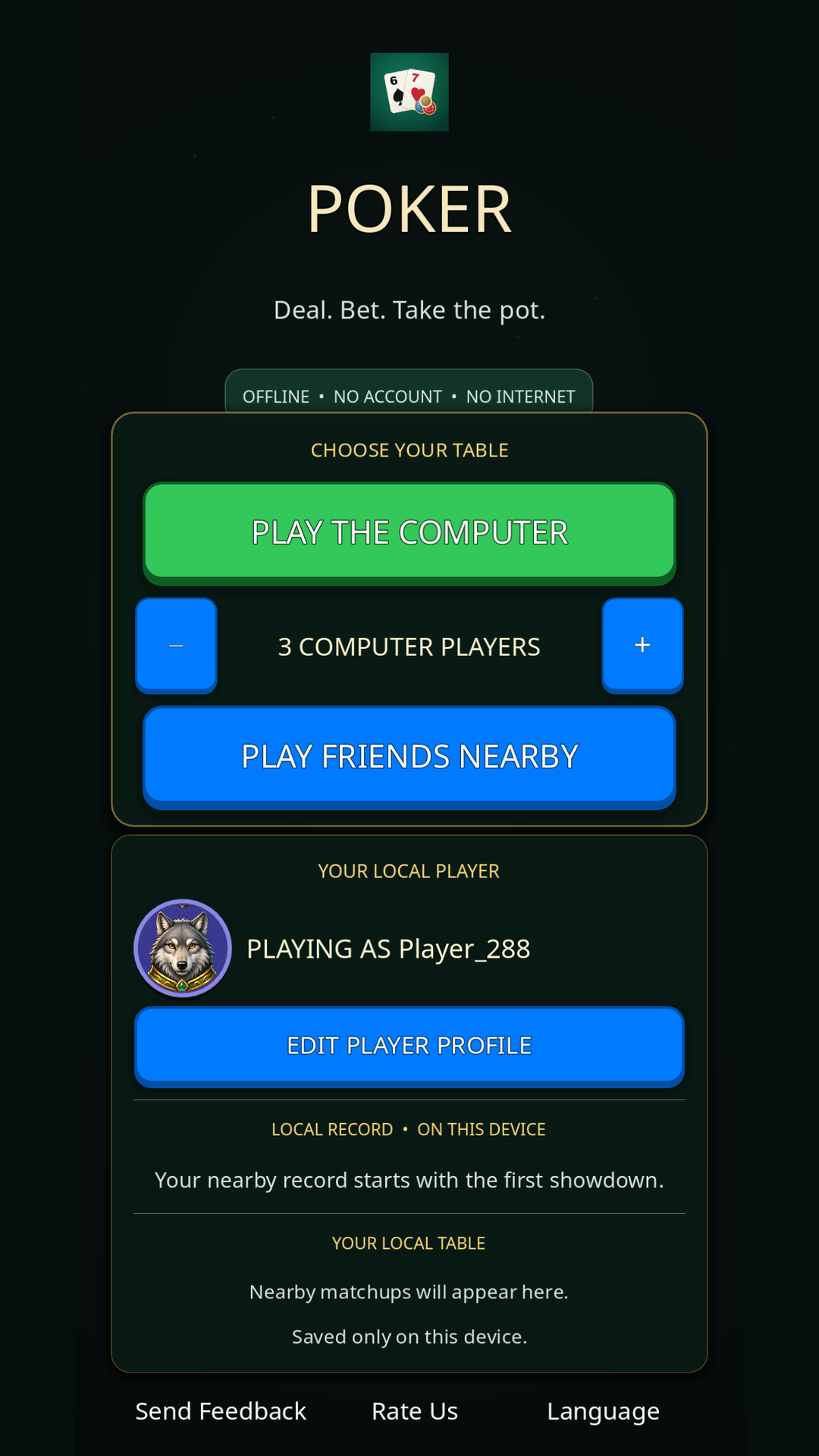Portrait Poker home with large computer and nearby play buttons, computer-seat selector, and local profile