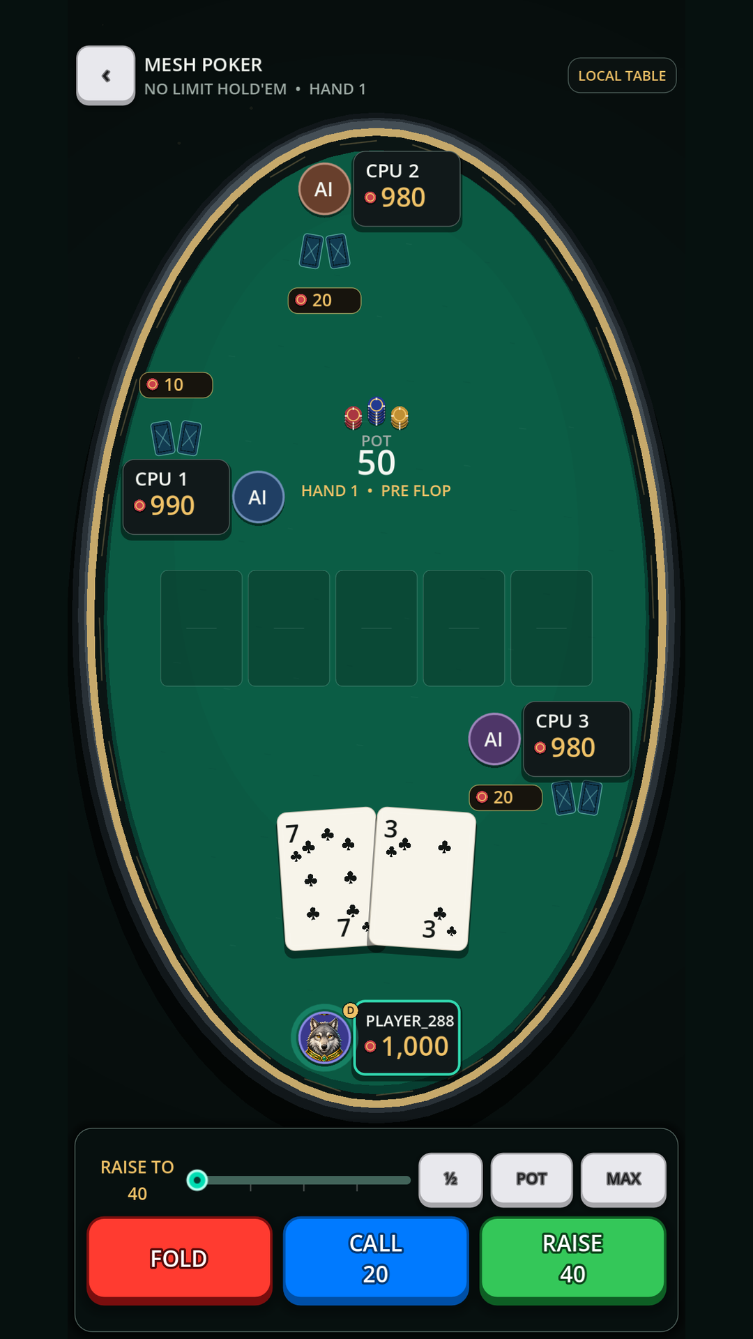 Portrait four-player Poker hand with large cards, player seats, bets, pot, and touch-sized Fold, Call, and Raise controls