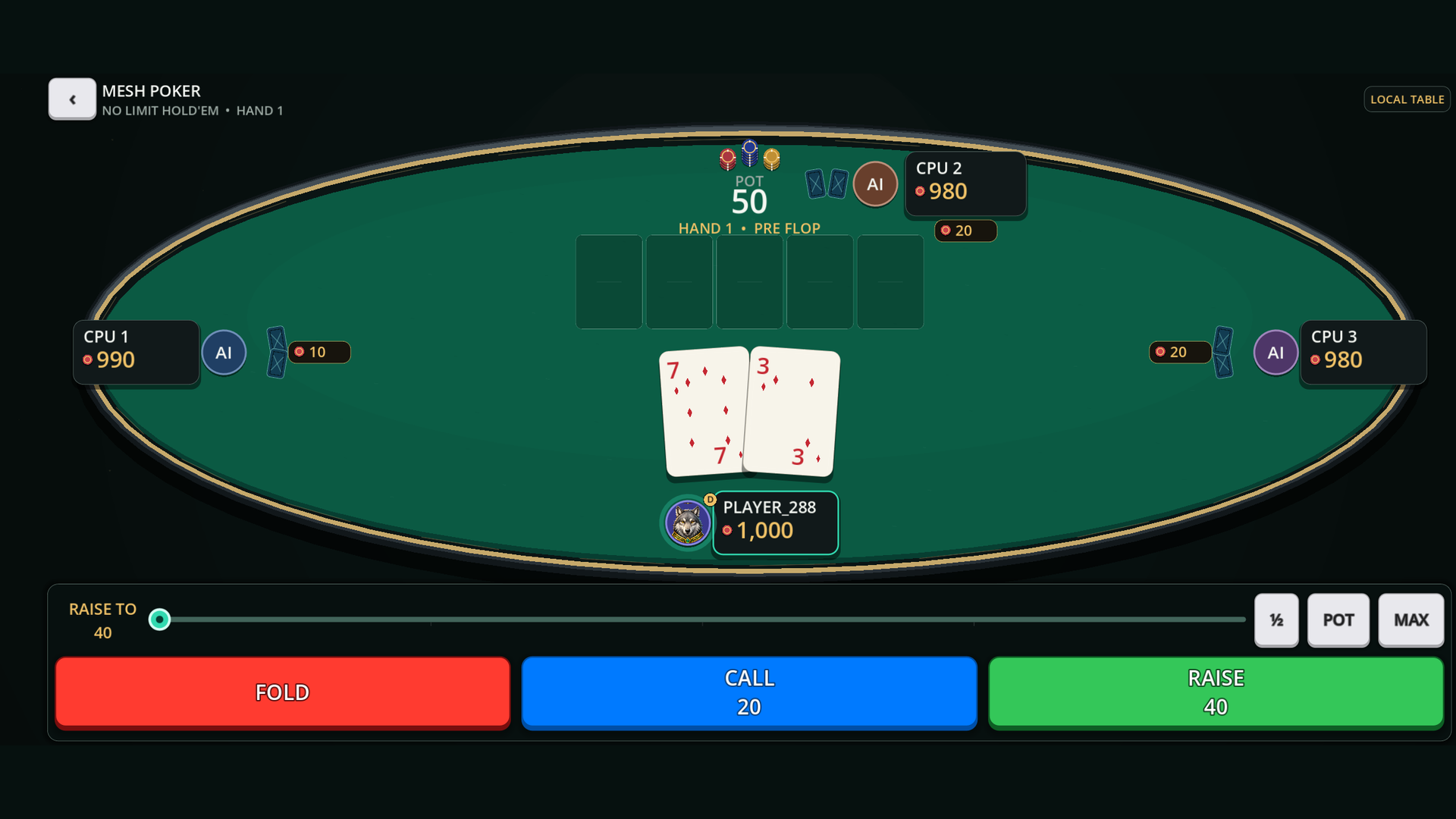 Landscape four-player Poker table with large private cards, clear seats and bets, pot, community lane, and full-width touch action controls