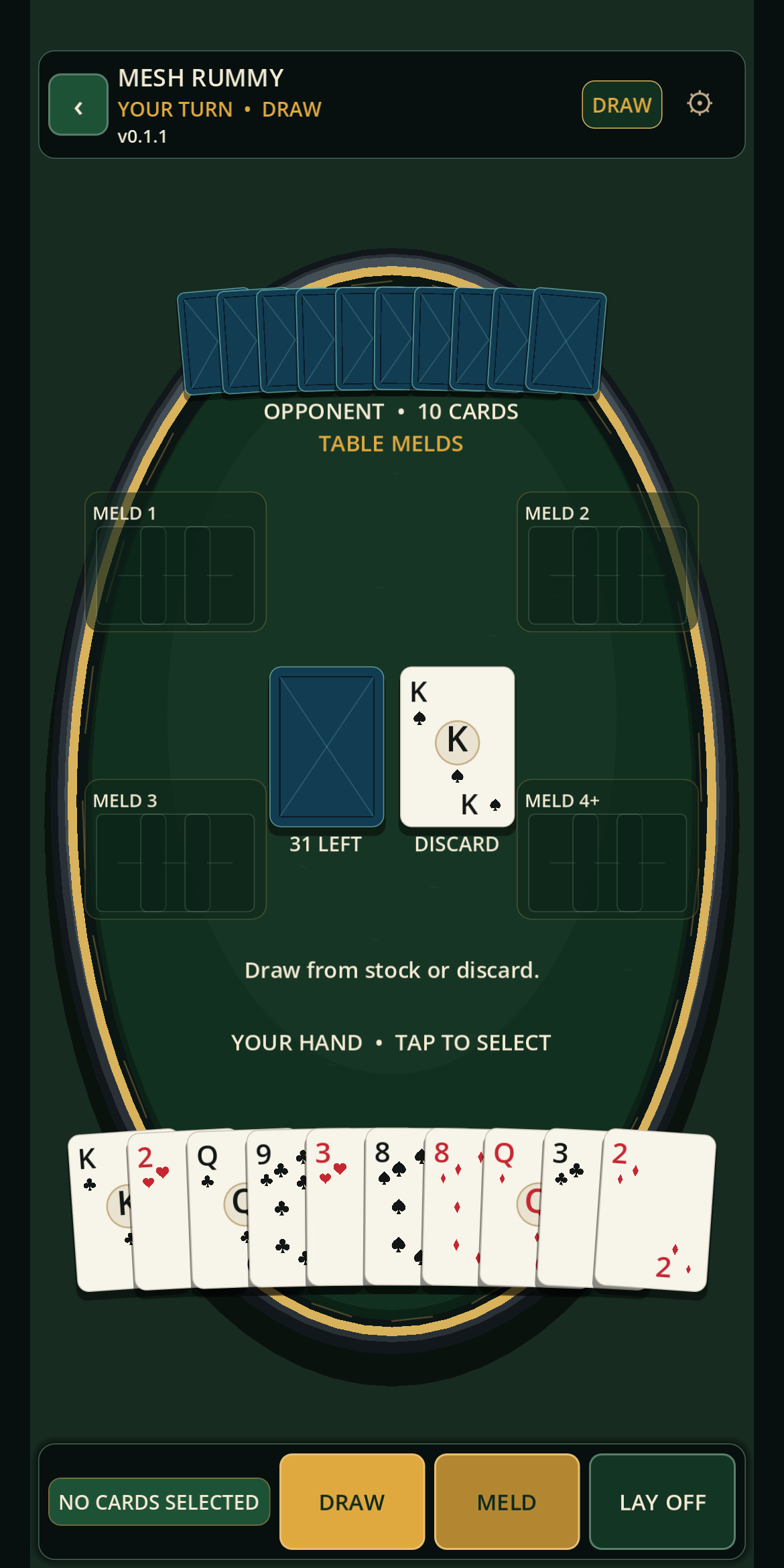 Portrait MeshGames Rummy table with large cards and touch controls