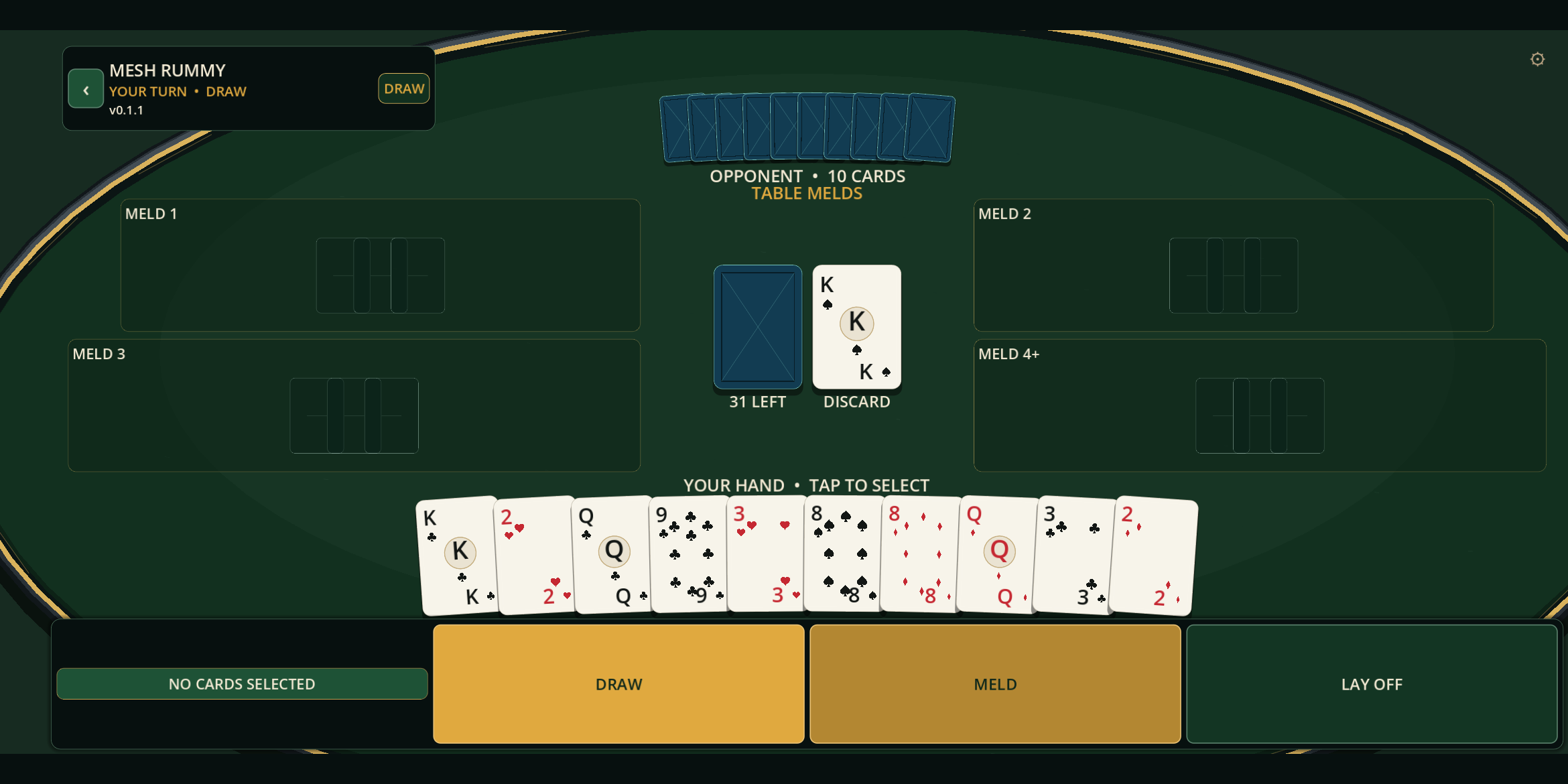 Landscape MeshGames Rummy table with hand, stock, discard pile, and meld area
