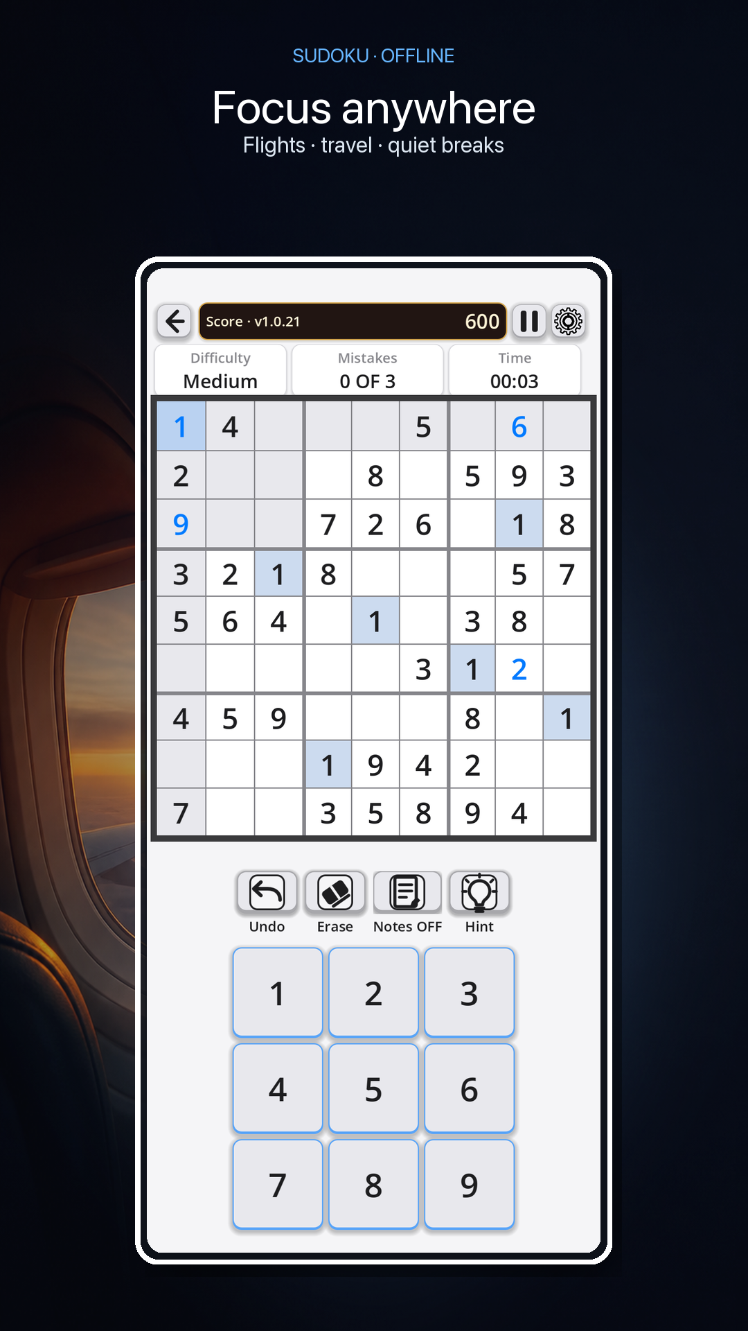 Portrait MeshGames Sudoku v1.0.21 gameplay framed by an airplane window, with a selected cell and touch-sized number controls