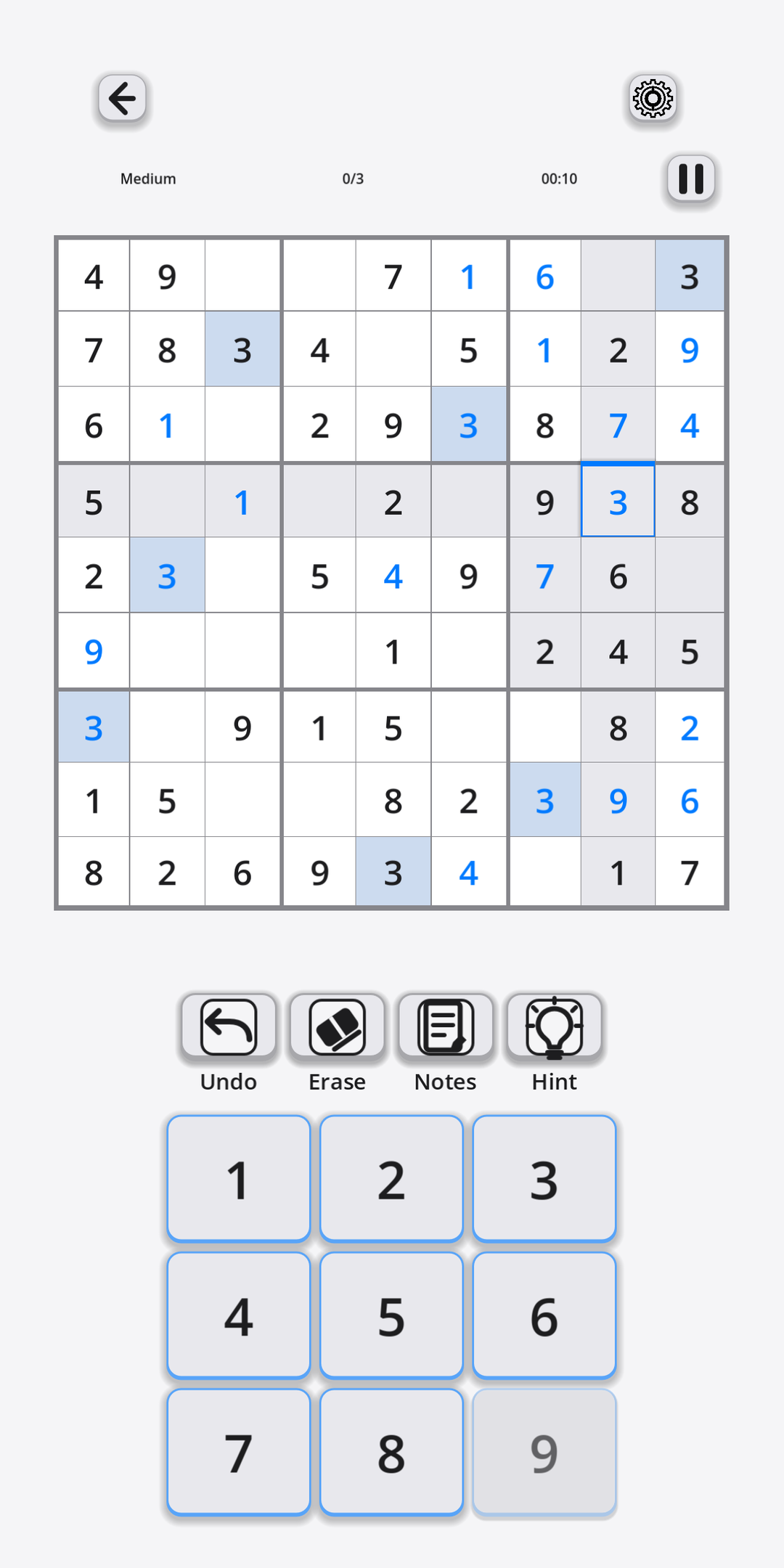 Portrait MeshGames Sudoku gameplay showing a selected cell, highlighted row, column, and 3x3 box, plus touch-sized undo, erase, notes, hint, and 1 through 9 controls